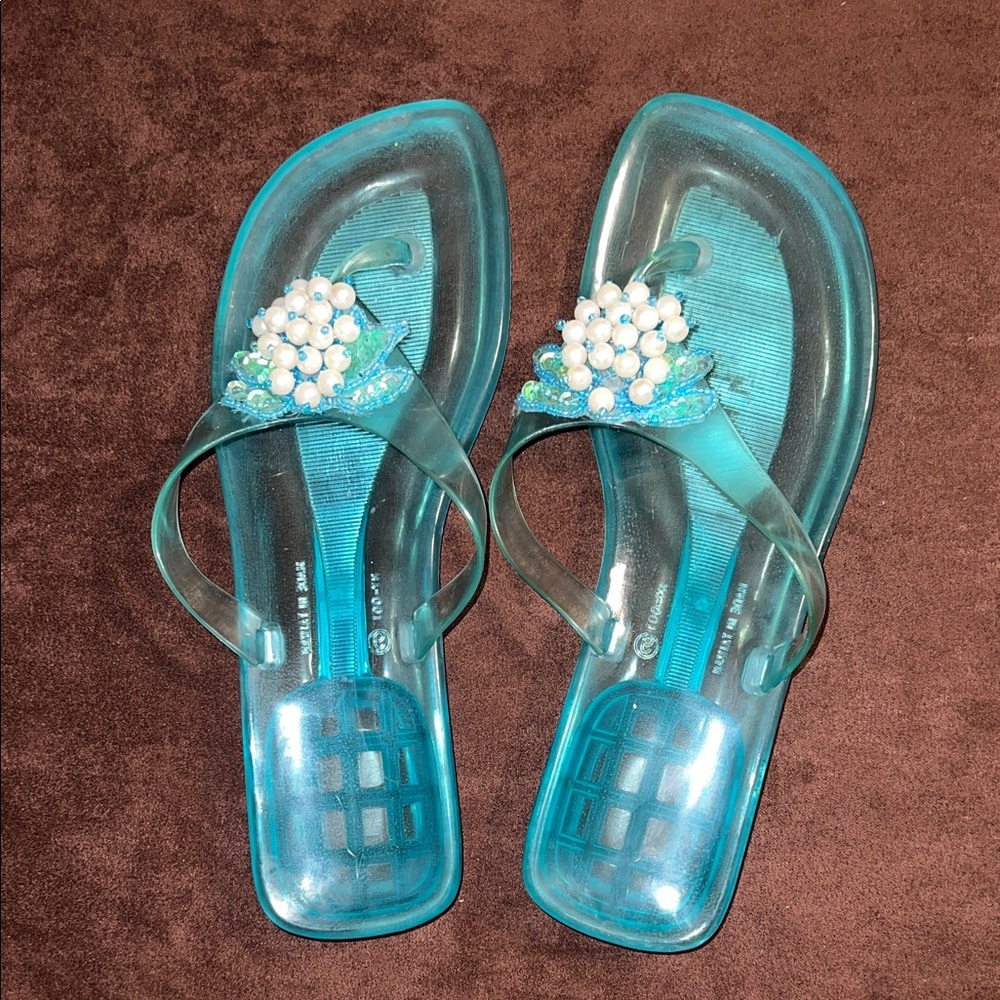 Elegant Transparent Blue Sandals with Floral Detail. Made in Taiwan. Size 9
